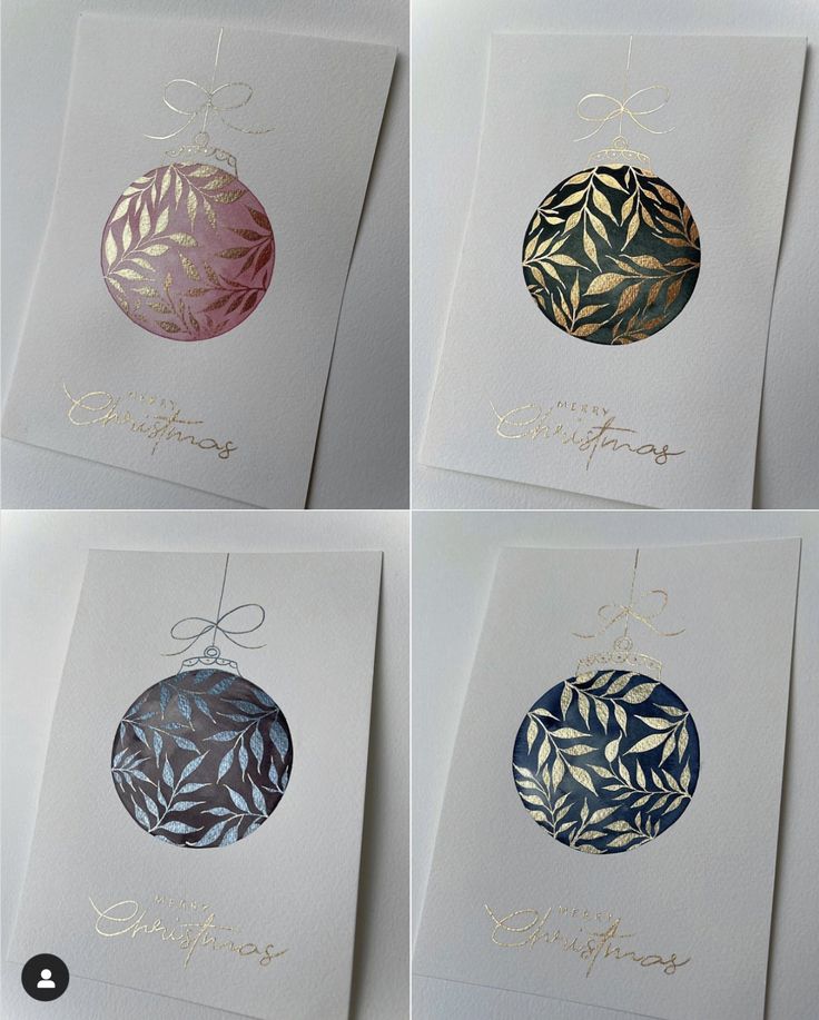 Elegant Christmas cards featuring botanical ornament designs in various colors. Simple and festive holiday greeting cards.