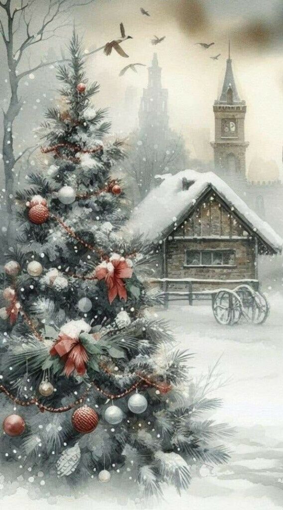 Snowy Christmas scene with decorated tree, cozy cottage, and snowy landscape with birds.