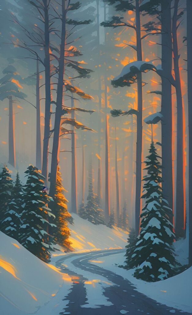 Snowy forest path at sunrise with tall pine trees and warm sunlight casting shadows on the snow.