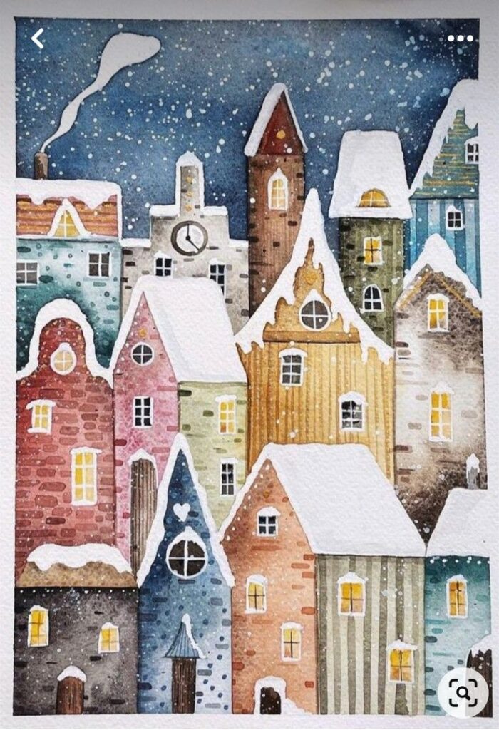 Colorful snowy village watercolor painting with whimsical buildings and glowing windows. Winter art illustration.