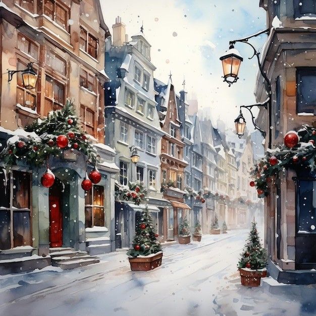 Snowy winter street scene with festive decorations, lights, and snow-covered buildings, evoking holiday charm.