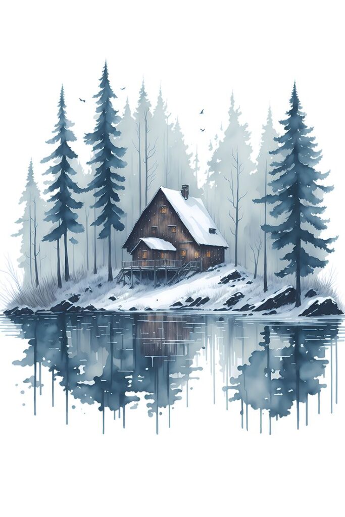 Cozy cabin in snowy forest by a reflective lake, surrounded by tall pine trees and serene winter scenery.