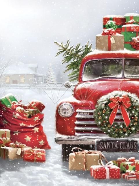 Vintage red truck with gifts and wreath in snowy holiday scene. Festive decorations, celebrating Christmas spirit.