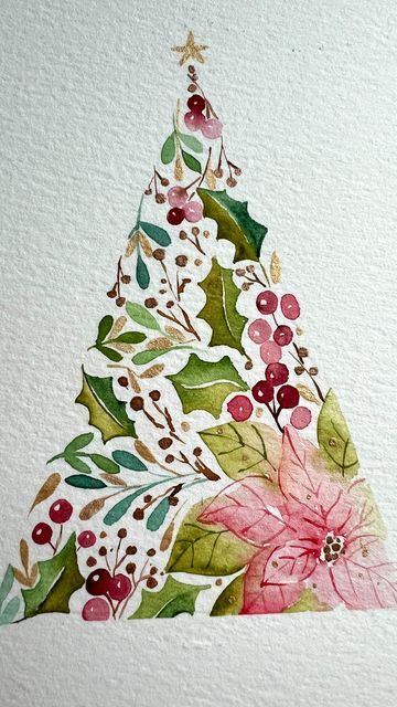 Watercolor Christmas tree with holly leaves, berries, and poinsettia on textured paper. Festive holiday design.