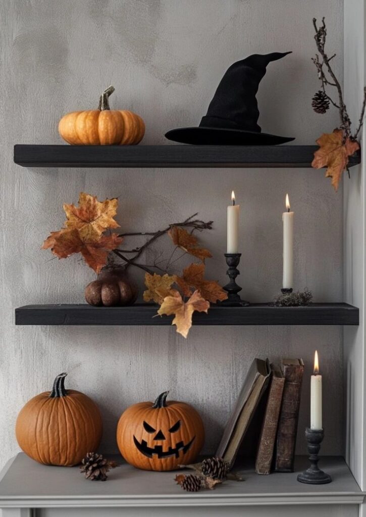 Halloween-themed shelf decor with pumpkins, candles, autumn leaves, and a witch hat.