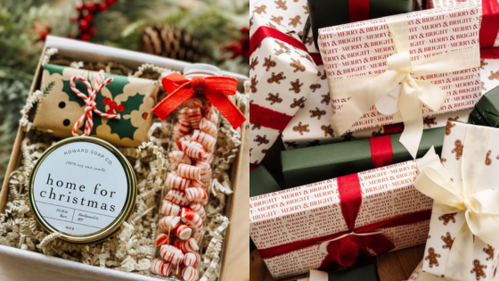 Christmas-themed gift boxes with festive wrapping and bows, featuring a candle labeled home for Christmas.