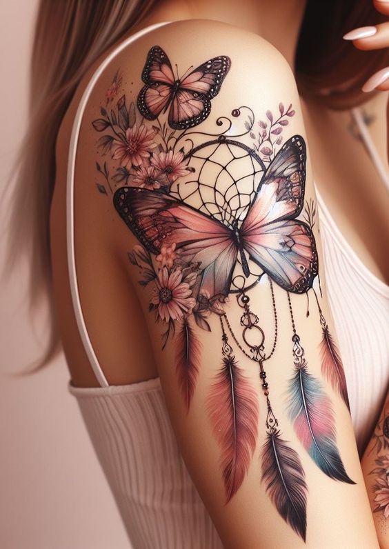 Detailed butterfly dreamcatcher tattoo with flowers and feathers on a woman's shoulder.