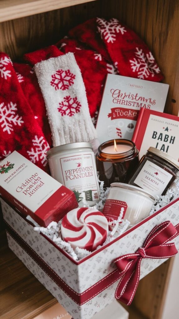 Festive Christmas gift box with candles, peppermint candy, red socks, and holiday books, perfect for cozy winter evenings.