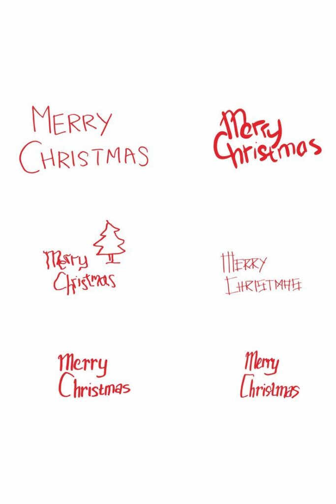 Various Merry Christmas handwritten styles in red, showcasing festive typography designs.