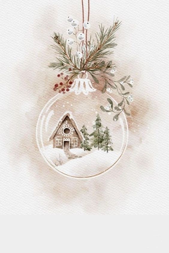 Watercolor snow globe with cozy cottage scene and winter branches, evoking a serene Christmas atmosphere.