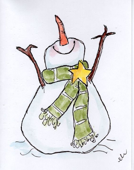 Cheerful snowman with twig arms, striped green scarf, and a yellow star decoration on the front.