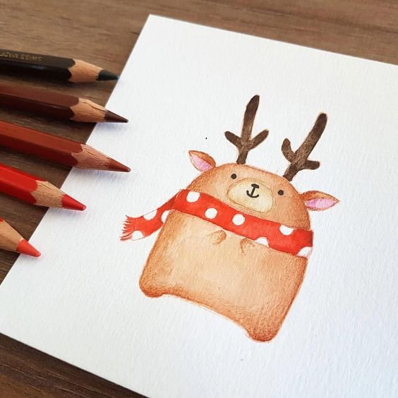 Cute reindeer illustration with red scarf and brown antlers, drawn with colored pencils on paper.