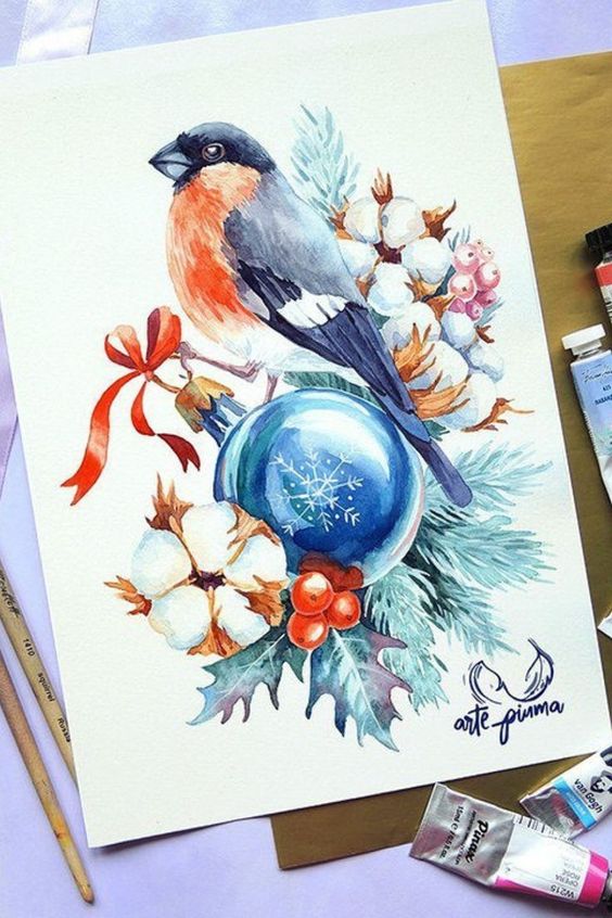 Watercolor painting of a bird with blue ornament, red bow, and cotton flowers on a festive branch.