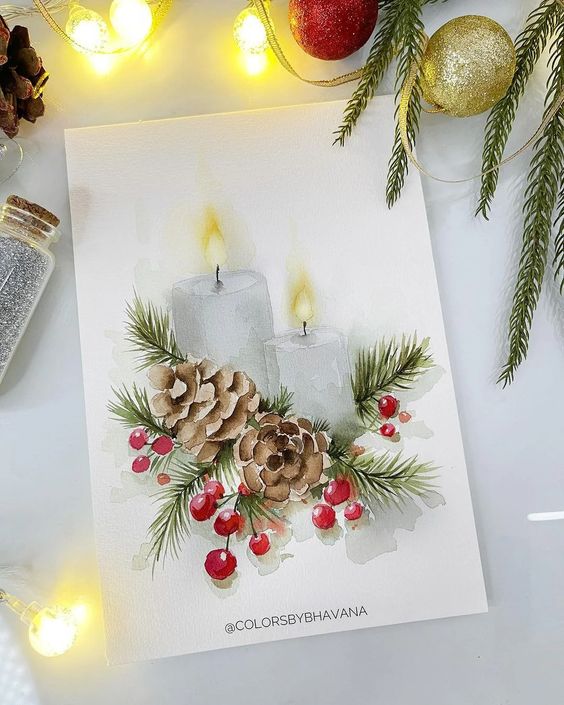 Festive watercolor with candles, pinecones, red berries, and greenery, set amidst holiday ornaments and lights.