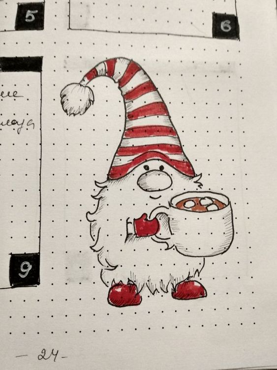 Cute gnome in a striped hat holds a mug of hot chocolate, surrounded by a dotted journal page.