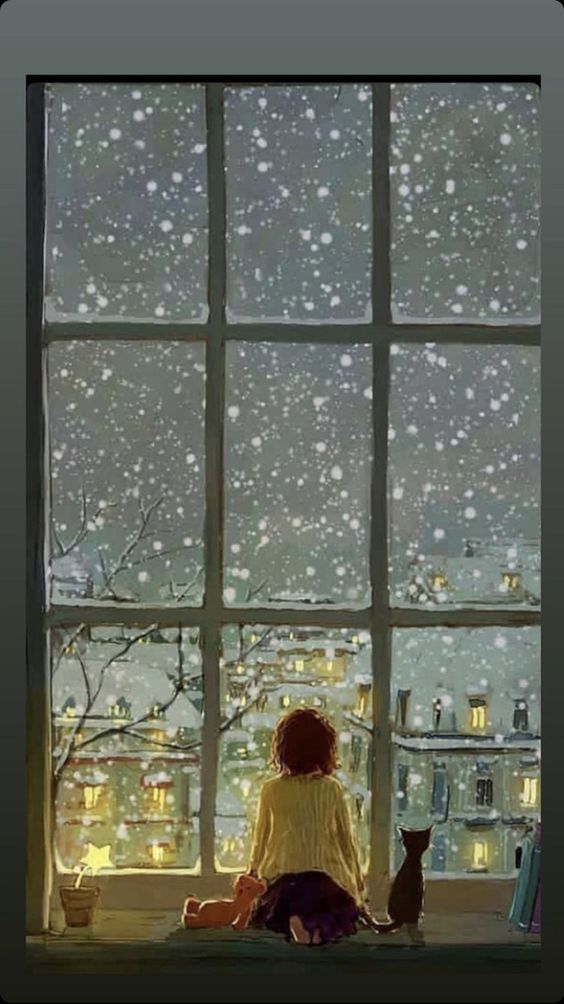 Girl and cat watching snowfall through window, cozy winter evening scene in cityscape.