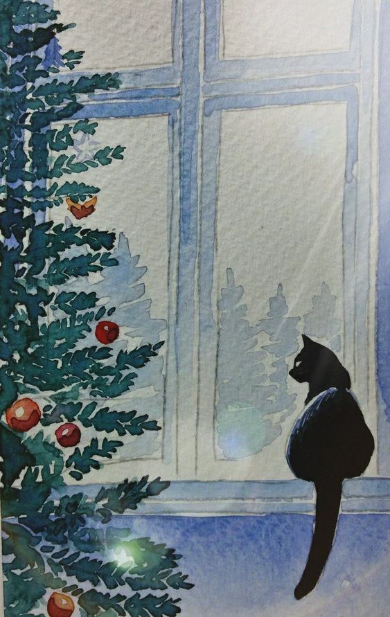 Cat gazes out snowy window beside decorated Christmas tree with red and orange ornaments in serene watercolor scene.