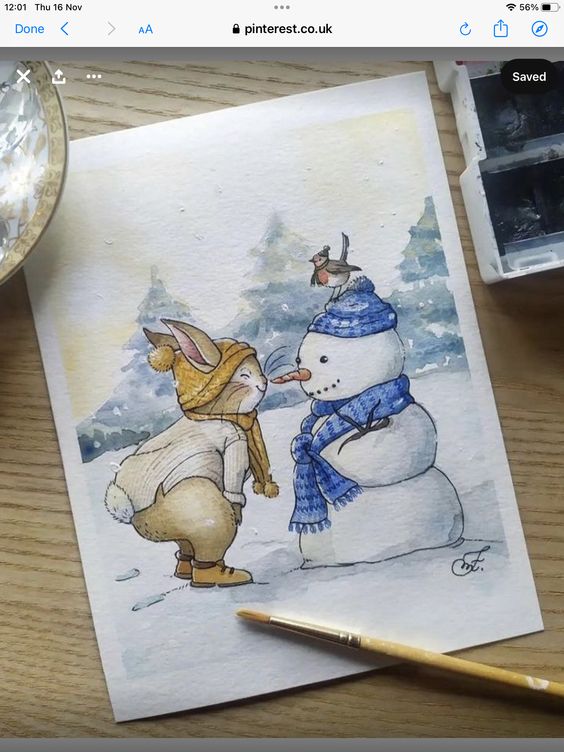 Cute winter scene with a bunny, snowman, and bird in watercolor, surrounded by snowy trees. Perfect for holiday art.