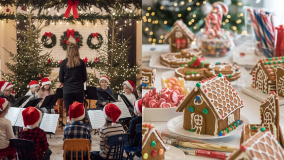 Children's holiday concert and festive gingerbread houses create a joyful Christmas atmosphere with decorations.