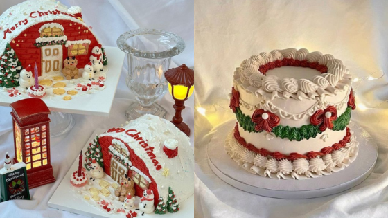 Festive Christmas cakes with intricate designs, including a gingerbread house and a decorated layered cake.