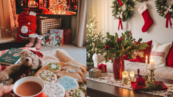 Cozy Christmas setting with cookies, hot drink, festive decor, stockings, and holiday gifts near a fireplace and table.