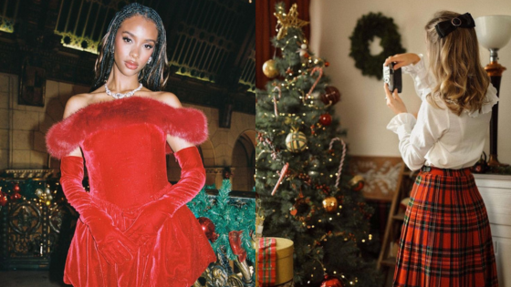 Elegant woman in a red dress and holiday photo of a woman decorating Christmas tree in festive room.