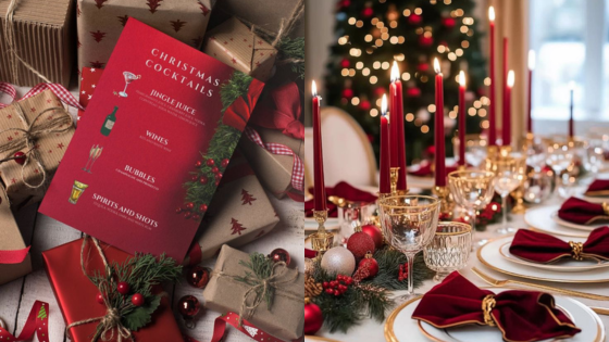 Festive Christmas cocktail menu and elegant holiday dining table setting with decorations and candles.