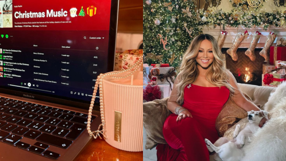 Laptop showing Christmas playlist beside woman in red by a festive tree and stockings.