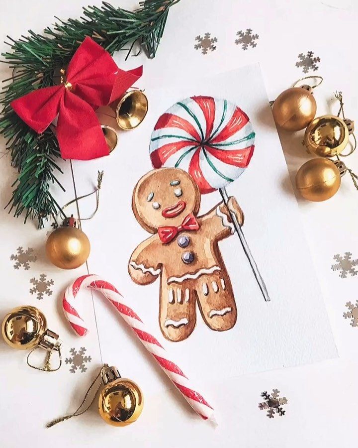 Festive Christmas gingerbread man with candy cane, ornaments, and greenery on white background.