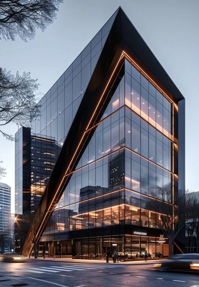 Modern glass office building with angular architecture and warm interior lighting in an urban setting.