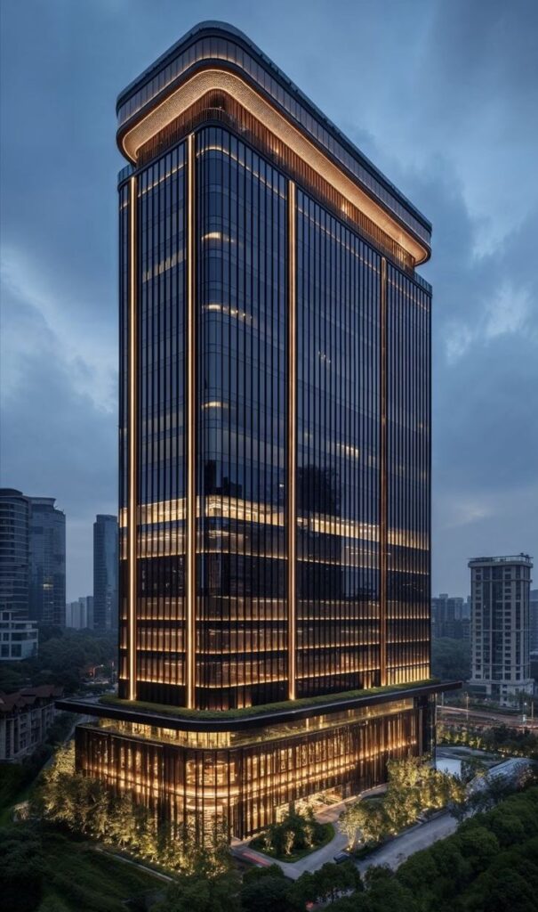 Modern skyscraper at dusk with illuminated windows and sleek architectural design.