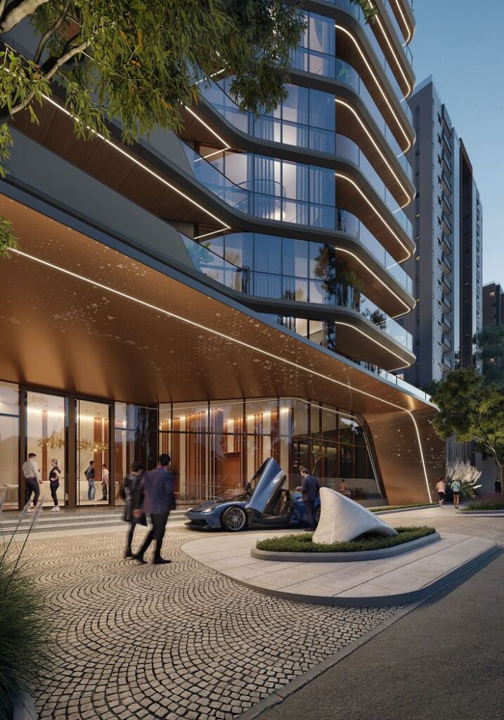 Luxury apartment building entrance with people arriving by sleek car, modern architecture, and elegant design.