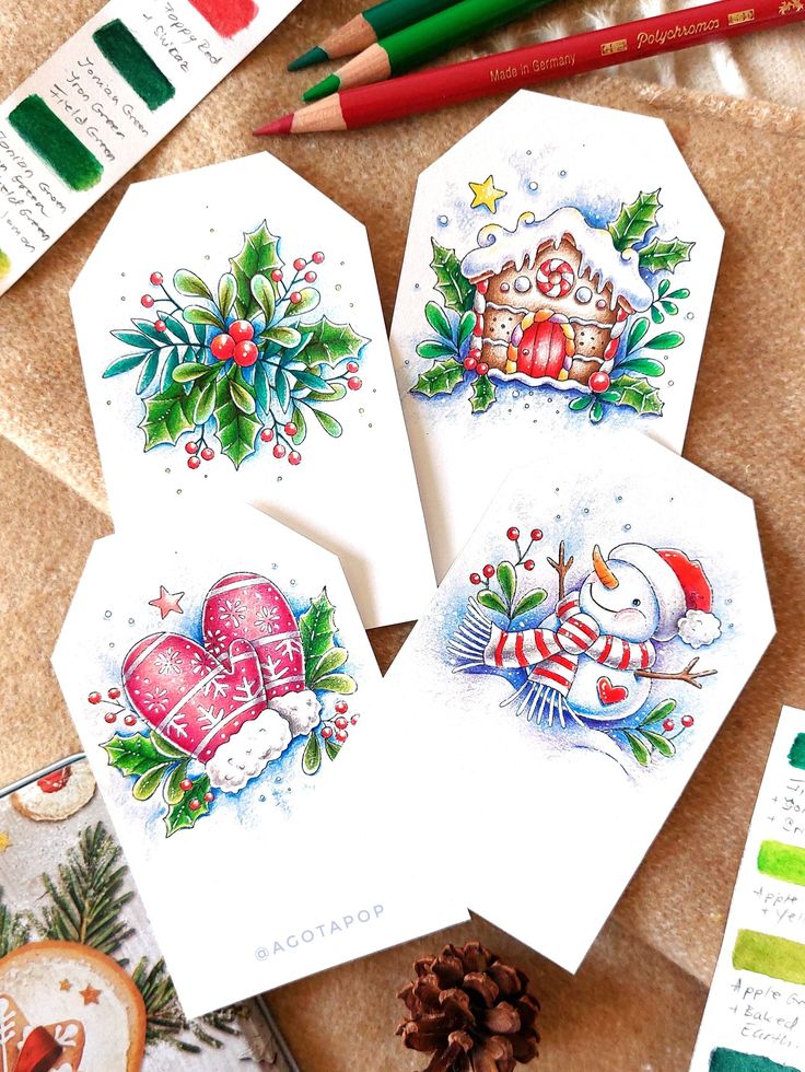 Colorful Christmas illustrations: holly, gingerbread house, mittens, and snowman with colored pencils on a table.