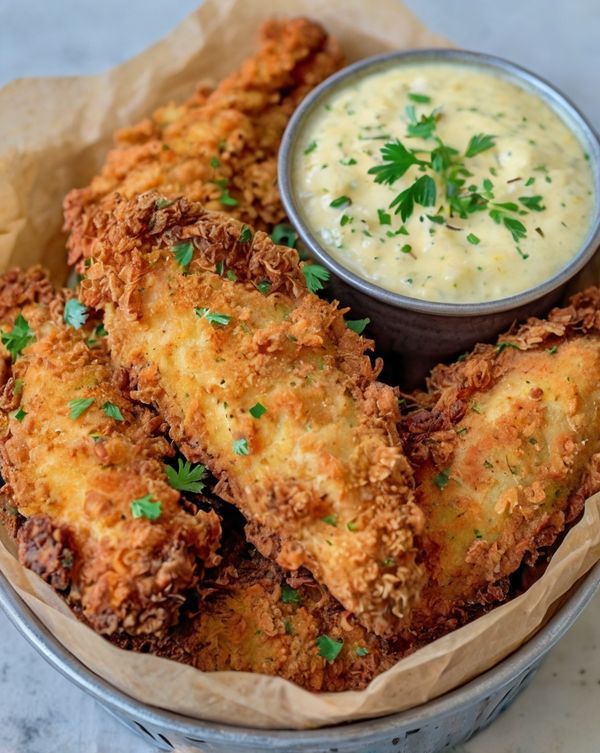 Crispy golden chicken tenders with fresh herbs served with creamy dipping sauce in a basket.