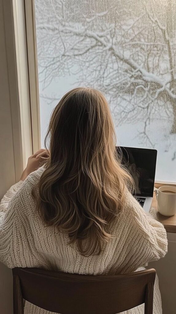 Woman in cozy sweater working on laptop by snowy window with coffee, winter scene.