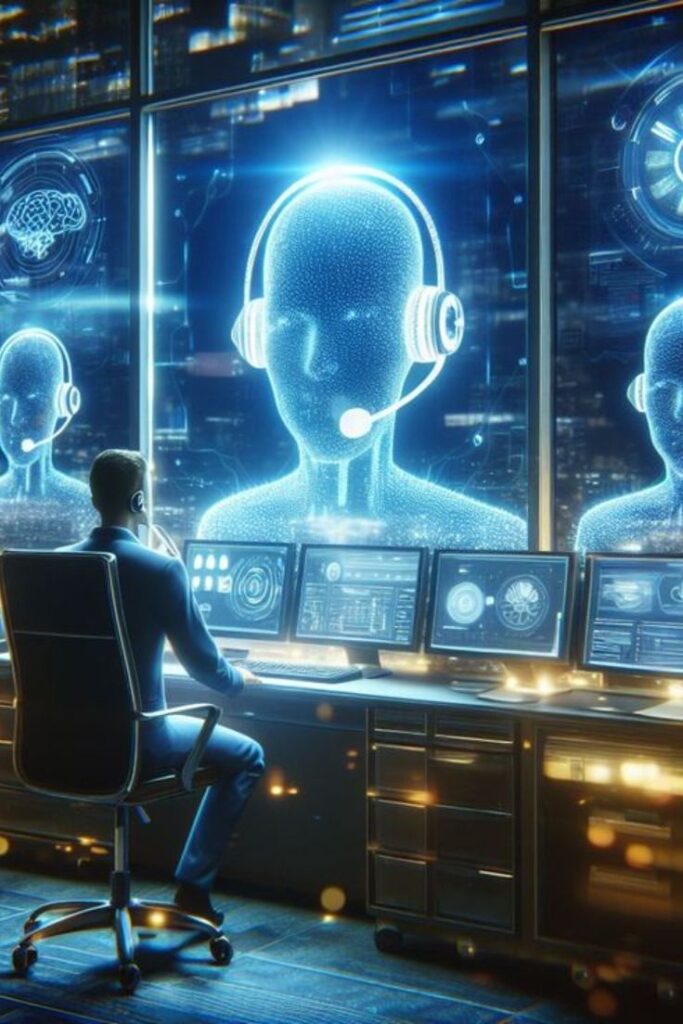 Futuristic AI monitoring: Operator at control desk interacts with digital interfaces and humanoid AI displays.