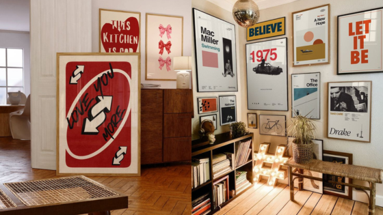 Stylish room with framed artworks and posters on walls, showcasing modern and vintage decor.