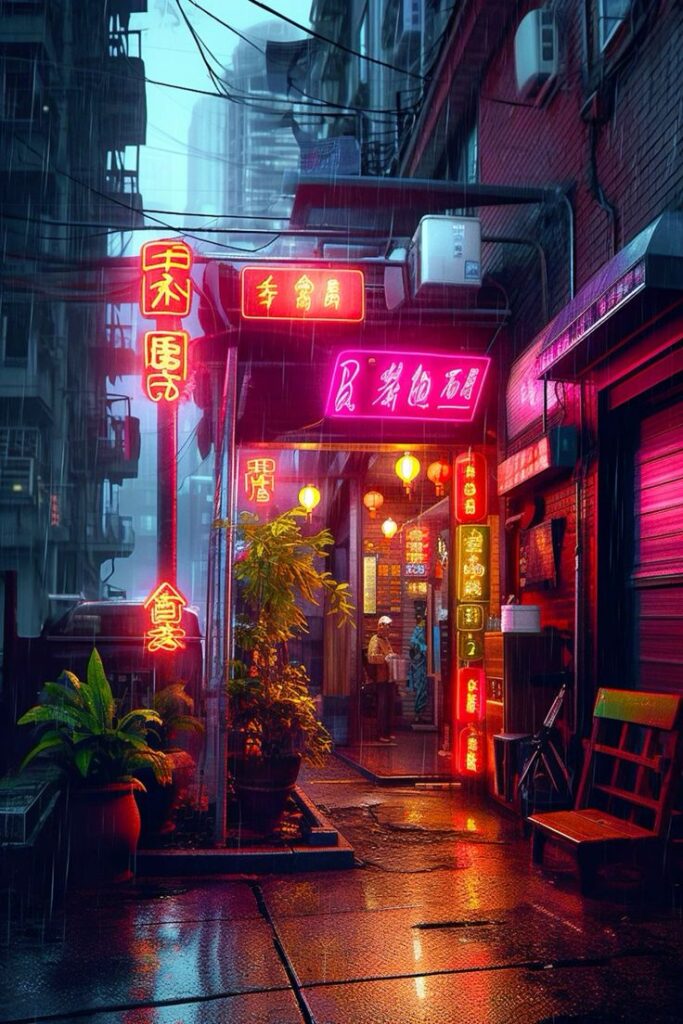 Rainy alley with neon signs and plants, vibrant night scene of a cozy Asian restaurant entrance.