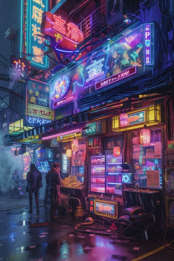 Futuristic neon-lit street at night with vibrant signs and rainy reflections, featuring two people in silhouette.