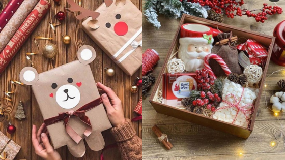 Creative Christmas gifts with festive wrapping: paper bear design and holiday-themed gift box with Santa mug.