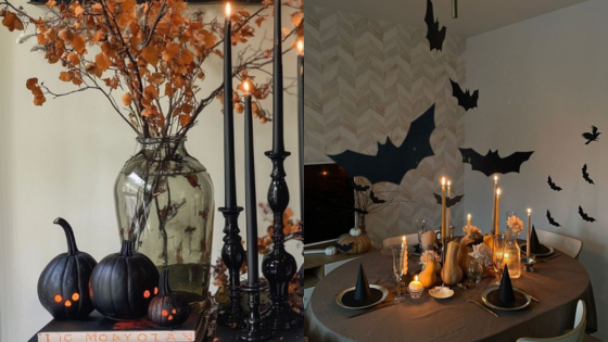 Halloween-themed dining setup with black pumpkins, candlesticks, and bat wall decorations for a spooky ambiance.