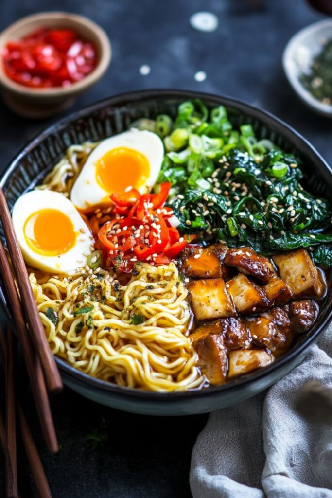 Bowl of ramen with eggs, tofu, greens, and peppers garnished with sesame seeds. Chopsticks on the side.