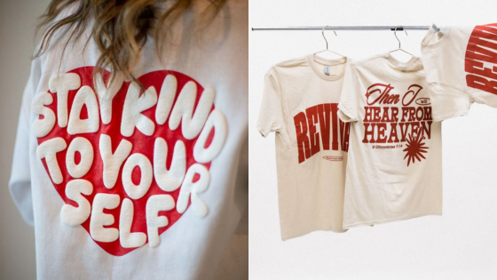 Trendy T-shirts with motivational slogans: Stay Kind to Yourself and Revive: Then I Hear From Heaven.