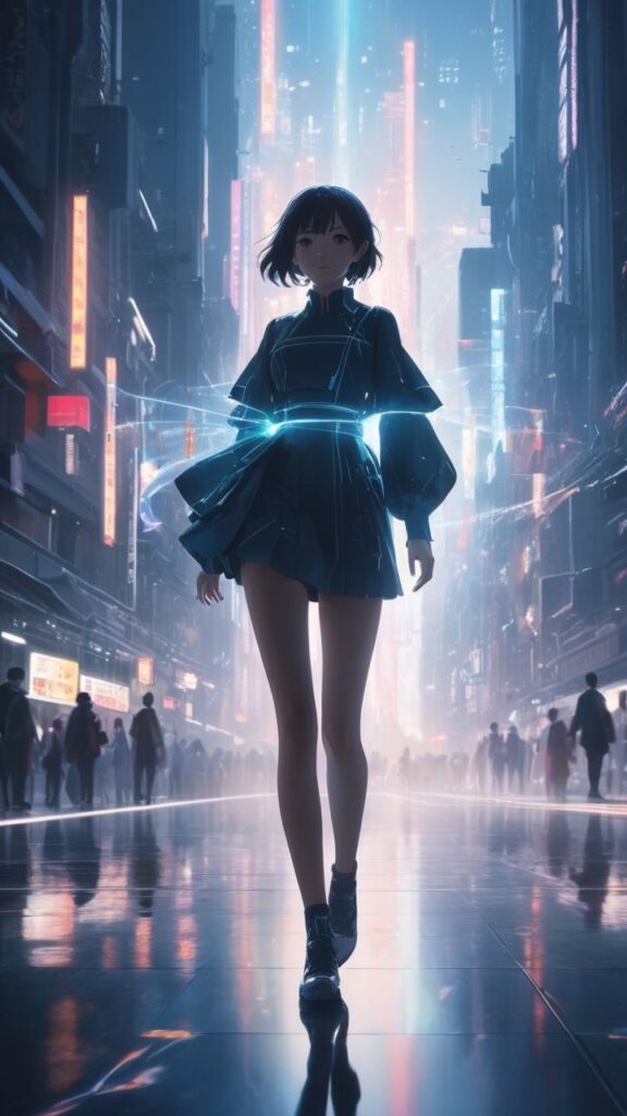 Futuristic cityscape with a silhouette of a woman in a glowing dress, surrounded by neon lights and tall buildings.