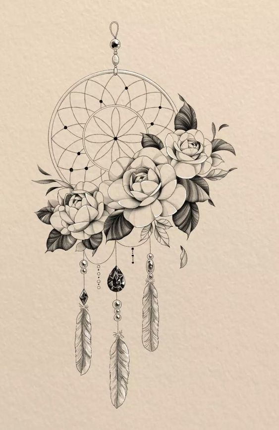 Floral dreamcatcher tattoo design with roses and feathers in detailed black and white illustration.