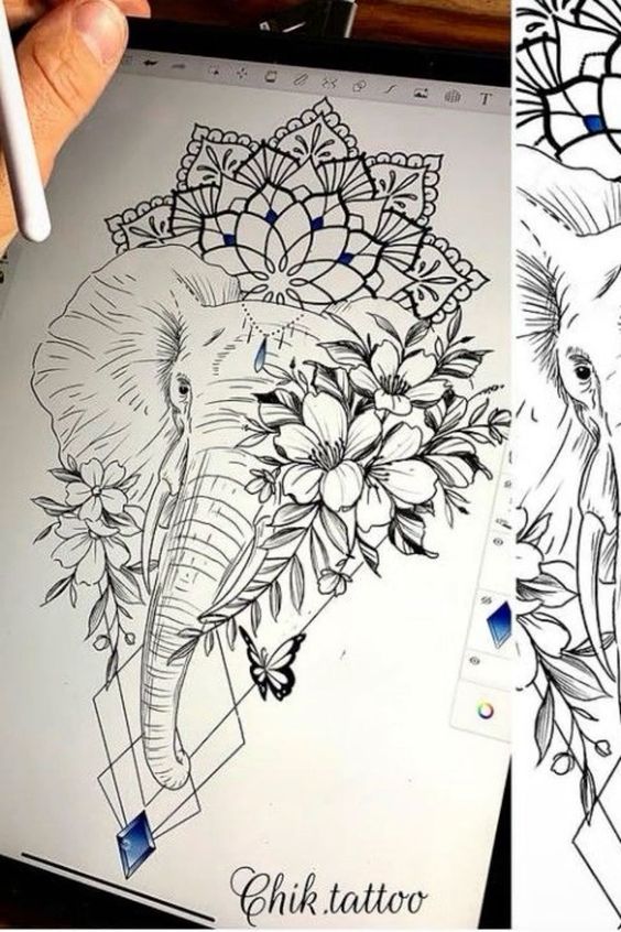 Digital sketch of an elephant with mandala, flowers, and butterfly on a tablet by Chik.tattoo.