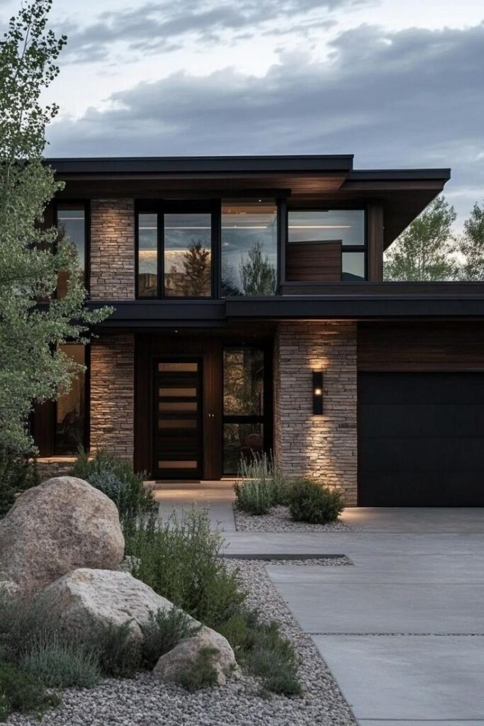 Modern two-story house with large windows, stone facade, and minimalist landscaping under a cloudy sky.