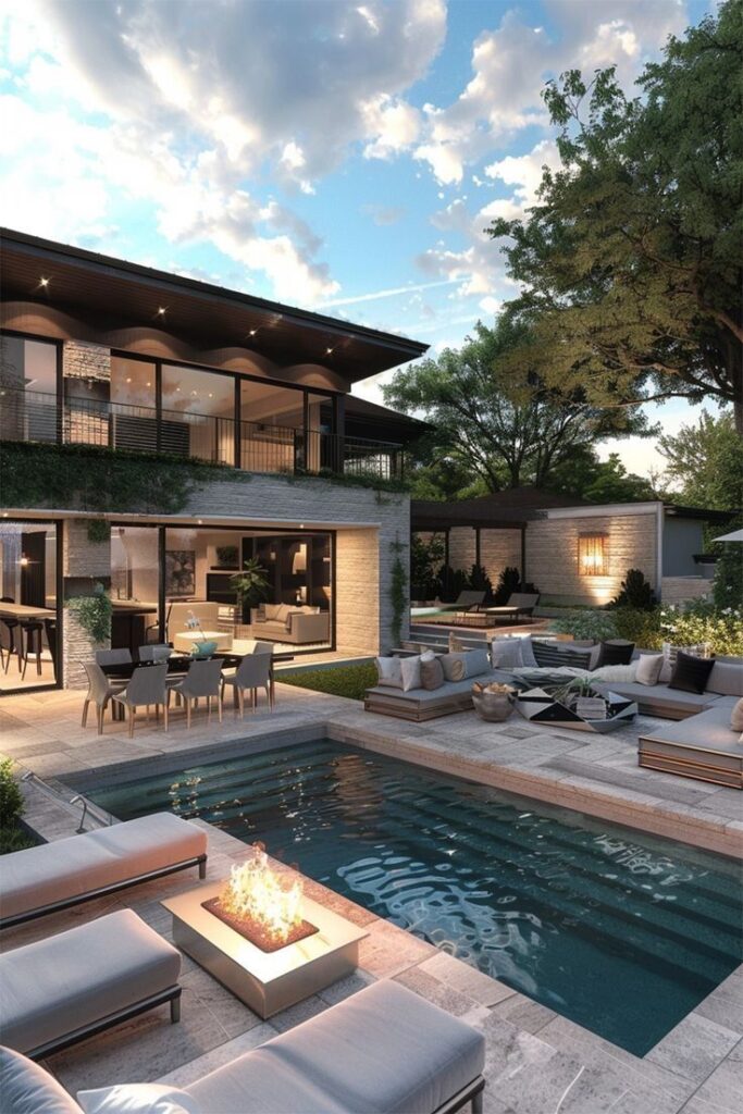 Luxurious modern home with pool, outdoor seating, and fire pit under a vibrant sky.