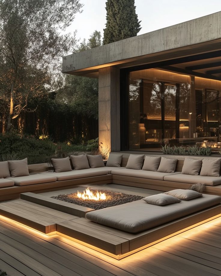 Modern outdoor patio with cozy L-shaped seating around a fire pit, featuring ambient lighting and lush greenery.