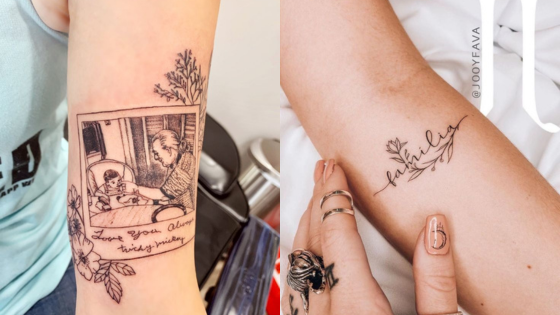 Two unique tattoos on forearms: one features a detailed portrait, the other delicate script with leaf design.